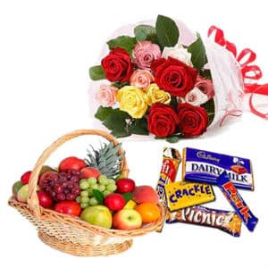 12 Mix Roses with 3 Kg Fruit Basket and Chocolates